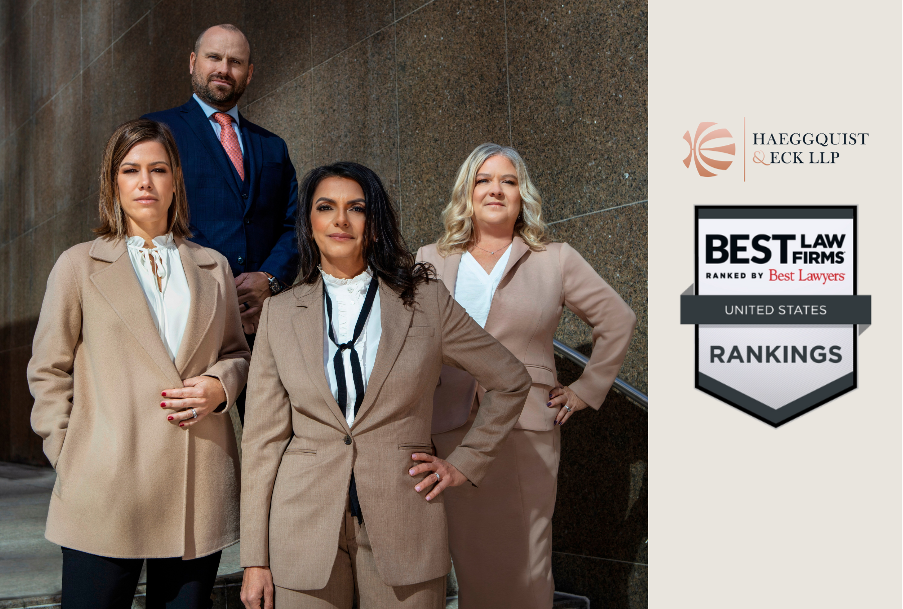 4 attorneys, 3 women and 1 man, standing next to a Best Law Firms 2024 logo