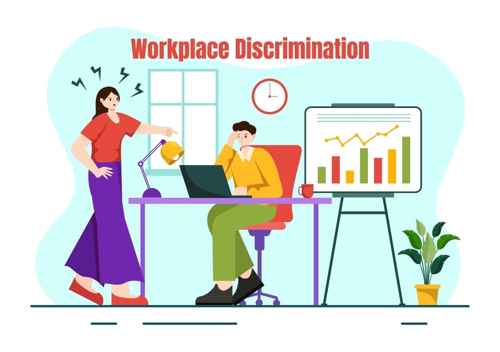Vector design illustration depicting workplace discrimination, featuring an employee facing harassment and a disabled person advocating for equal employment opportunity.